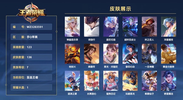 王者荣耀账号安卓QQ手Q苹果 123英雄 136皮肤 贵族等级7 已兑换荣耀水晶数1  神鉴启示录 诗剑行 逐花归海 超时空战士 时之恋人 淬星耀世 地狱火 枫霜尽 乘龙·问璇玑 音你心动 一念神魔 黄金分割率 逐...