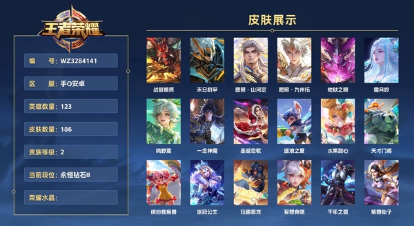 王者荣耀账号安卓QQ手Q安卓 123英雄 186皮肤 贵族等级2  战鼓燎原 末日机甲 愿照·山河定 愿照·九州拓 地狱之眼 霜月吟 鸣野蒿 一念神魔 圣诞恋歌 逐浪之夏 水果甜心 天才门将 缤纷独角兽 冰冠公主 ...