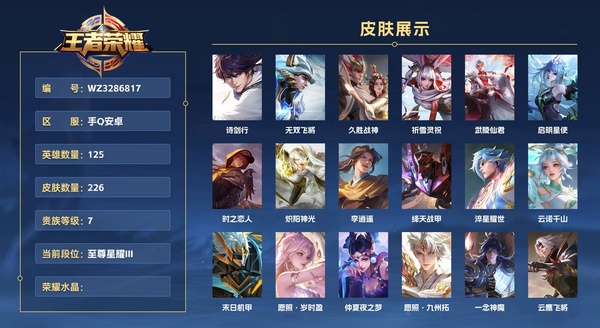 王者荣耀账号安卓QQ手Q安卓 125英雄 226皮肤 贵族等级7  诗剑行 无双飞将 久胜战神 祈雪灵祝 武陵仙君 启明星使 时之恋人 炽阳神光 李逍遥  绛天战甲 淬星耀世 云诺千山 末日机甲 愿照·岁时盈 仲夏...