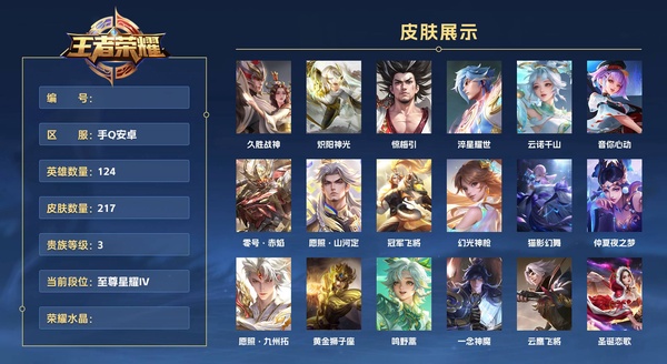王者荣耀账号安卓QQ手Q安卓 124英雄 217皮肤 贵族等级3  久胜战神 炽阳神光 惊梅引 淬星耀世 云诺千山 音你心动 零号·赤焰 愿照·山河定 冠军飞将 幻光神枪 猫影幻舞 仲夏夜之梦 愿照·九州拓 黄金狮...