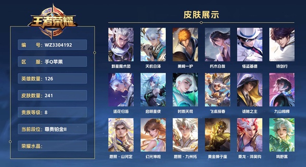 王者荣耀账号苹果QQ手Q苹果 126英雄 241皮肤 贵族等级8  群星魔术团 天机白泽 黑崎一护 朽木白哉 怪盗基德 诗剑行 逐花归海 启明星使 时雨天司 飞鸢探春 诡秘之主 九山相柳 愿照·山河定 幻光神枪 愿...