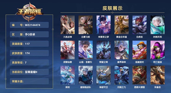 王者荣耀账号安卓QQ手Q安卓 117英雄 174皮肤 贵族等级7 （小国哪吒    小国张良   多金标） 久胜战神 云鹰飞将 仲夏夜之梦 黄金白羊座 白虎志 时雨天司 武陵仙君 山海·苍雷引 朔望之晖 星界游侠