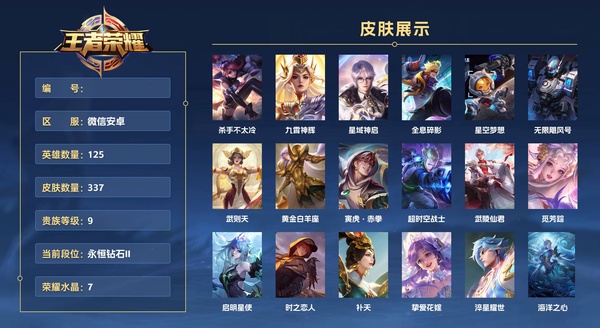 王者荣耀账号安卓VX微信安卓 125英雄 337皮肤 贵族等级9 已兑换荣耀水晶数7  杀手不太冷 九霄神辉 星域神启 全息碎影 星空梦想 无限飓风号 武则天 黄金白羊座 寅虎·赤拳 超时空战士 武陵仙君 觅芳踪 ...