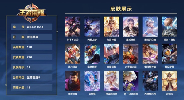 王者荣耀账号苹果VX微信苹果 128英雄 721皮肤 贵族等级11 已兑换荣耀水晶数18  杀手不太冷 天鹅之梦 九霄神辉 星域神启 最初的交响 鸣剑·曳影 活力突击 全息碎影 弑枪猎影 大秦宣太后 倪克斯神谕 星...