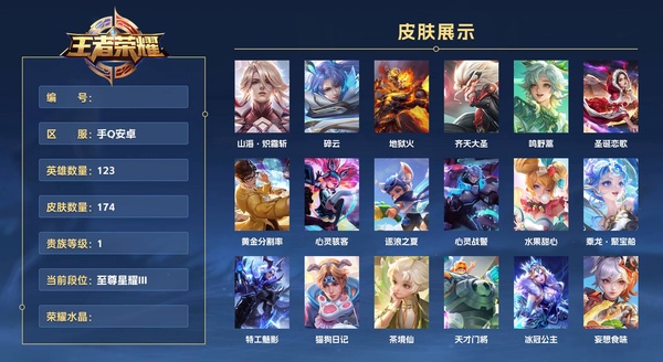 王者荣耀账号安卓QQ手Q安卓 123英雄 174皮肤 贵族等级1  山海·炽霜斩 碎云 地狱火 齐天大圣 鸣野蒿 圣诞恋歌 黄金分割率 心灵骇客 逐浪之夏 心灵战警 水果甜心 乘龙·聚宝船 特工魅影 猫狗日记 茶境...