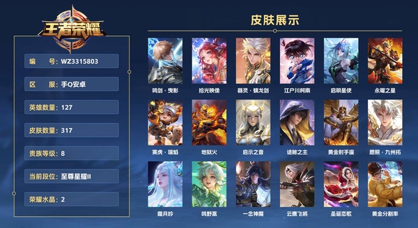 王者荣耀账号安卓QQ手Q安卓 127英雄 317皮肤 贵族等级8 已兑换荣耀水晶数2  鸣剑·曳影 拾光映像 器灵·螭龙剑 江户川柯南 启明星使 永曜之星 寅虎·瑞焰 地狱火 启示之音 诡秘之主 黄金射手座 愿照·...