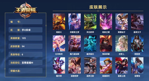 王者荣耀账号安卓QQ手Q安卓 105英雄 94皮肤 贵族等级6  地狱火 仲夏夜之梦 末日机甲 地狱之眼 紫霞仙子 星夜王子 江河有灵 魅力维加斯 幽灵船长 鬼剑武藏 织梦人 阴阳师 魔术师 游园惊梦 逐梦之影 海...