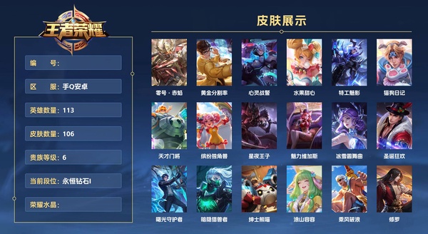 王者荣耀账号安卓QQ手Q安卓 113英雄 106皮肤 贵族等级6  零号·赤焰 黄金分割率 心灵战警 水果甜心 特工魅影 猫狗日记 天才门将 缤纷独角兽 星夜王子 魅力维加斯 冰雪圆舞曲 圣诞狂欢 曙光守护者 暗隐...