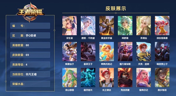 王者荣耀账号安卓QQ手Q安卓 80英雄 69皮肤 贵族等级4  浮生妄 愿照·千秋盛 黄金射手座 鸣野蒿 茶境仙 缤纷独角兽 紫霞仙子 星夜王子 鸭鸭历险记 魅力维加斯 天秀·启明 暗夜贵公子 涂山容容 幽灵船长 ...