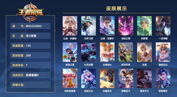 王者荣耀账号苹果QQ手Q苹果 125英雄 209皮肤 贵族等级7  山海·炽霜斩 无双飞将 山海·苍雷引 地狱之眼 鸣野蒿 一念神魔 逐浪之夏 心灵战警 水果甜心 箭羽风息 永昼 猫狗日记 缤纷独角兽 冰冠公主 玩...