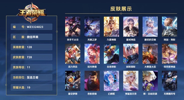 王者荣耀账号苹果VX微信苹果 128英雄 728皮肤 贵族等级11 已兑换荣耀水晶数19  【19星传 101按键 9天幕 背包多2水晶】