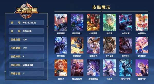 王者荣耀账号安卓QQ手Q安卓 126英雄 152皮肤 贵族等级5 已兑换荣耀水晶数1  弑枪猎影 超时空战士 战鼓燎原 鸣野蒿 心灵战警 水果甜心 特工魅影 玩趣恶龙 紫霞仙子 荣光圣徽 星夜王子 江河有灵 百解令...