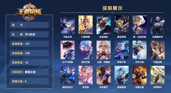 王者荣耀账号安卓QQ手Q安卓 127英雄 328皮肤 贵族等级10 已兑换荣耀水晶数6  天鹅之梦 九霄神辉 全息碎影 星空梦想 银·白咏叹调 无限飓风号 江户川柯南 逐花归海 山海·炽霜斩 深海之息 无双飞将 久...
