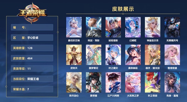 王者荣耀账号安卓QQ手Q安卓 128英雄 464皮肤 贵族等级11 已兑换荣耀水晶数7  最初的交响 鸣剑·曳影 弑枪猎影 幻阙歌 神鉴启示录 无限飓风号 武则天 馥梦繁花 时之魔女 真我赫兹 器灵·螭龙剑 雪境奇...