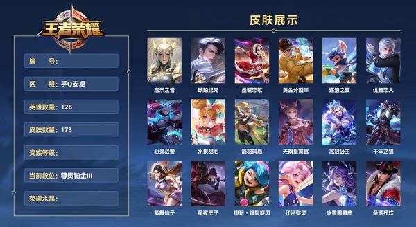 王者荣耀账号安卓QQ手Q安卓 126英雄 173皮肤  启示之音 琥珀纪元 圣诞恋歌 黄金分割率 逐浪之夏 优雅恋人 心灵战警 水果甜心 箭羽风息 无限星赏官 冰冠公主 千年之狐 紫霞仙子 星夜王子 电玩·爆裂旋风...