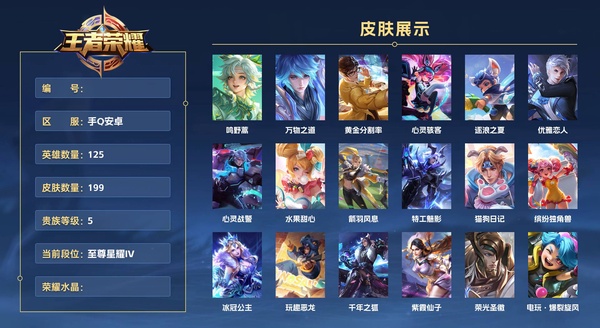 王者荣耀账号安卓QQ手Q安卓 125英雄 199皮肤 贵族等级5  鸣野蒿 万物之道 黄金分割率 心灵骇客 逐浪之夏 优雅恋人 心灵战警 水果甜心 箭羽风息 特工魅影 猫狗日记 缤纷独角兽 冰冠公主 玩趣恶龙 千年...