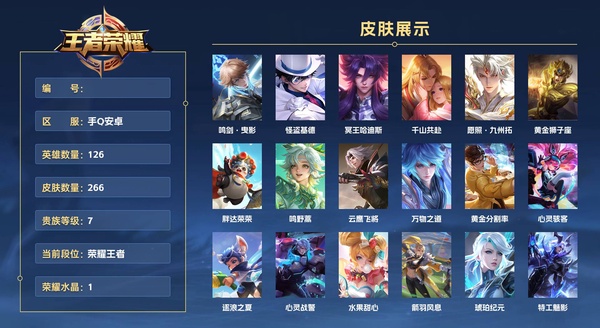 王者荣耀账号安卓QQ手Q安卓 126英雄 266皮肤 贵族等级7 已兑换荣耀水晶数1  鸣剑·曳影 怪盗基德 冥王哈迪斯 千山共赴 愿照·九州拓 黄金狮子座 胖达荣荣 鸣野蒿 云鹰飞将 万物之道 黄金分割率 心灵骇...