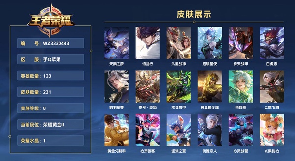 王者荣耀账号苹果QQ手Q苹果 123英雄 231皮肤 贵族等级8 已兑换荣耀水晶数1  天鹅之梦 诗剑行 久胜战神 启明星使 绛天战甲 白虎志 鹤羽星尊 零号·赤焰 末日机甲 黄金狮子座 鸣野蒿 云鹰飞将 黄金分割...