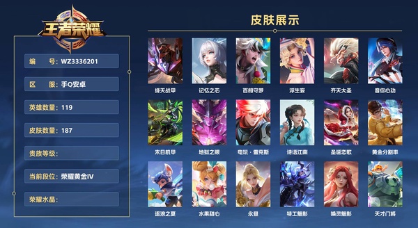 王者荣耀账号安卓QQ手Q安卓 119英雄 187皮肤贵族7  绛天战甲 记忆之芯 百相守梦 浮生妄 齐天大圣 音你心动 末日机甲 地狱之眼 电玩·雷克斯 诗语江南 圣诞恋歌 黄金分割率 逐浪之夏 水果甜心 永昼