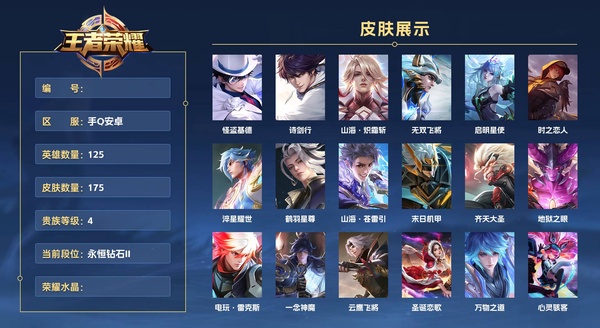 王者荣耀账号安卓QQ手Q安卓 125英雄 175皮肤 贵族等级4  怪盗基德 诗剑行 山海·炽霜斩 无双飞将 启明星使 时之恋人 淬星耀世 鹤羽星尊 山海·苍雷引 末日机甲 齐天大圣 地狱之眼 电玩·雷克斯 一念神...