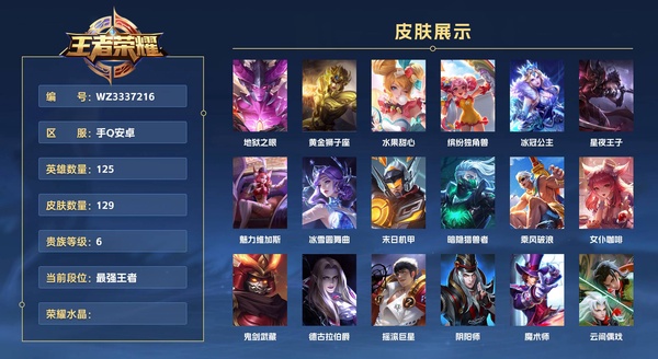王者荣耀账号安卓QQ手Q安卓 125英雄 129皮肤 贵族等级6  地狱之眼 黄金狮子座 水果甜心 缤纷独角兽 冰冠公主 星夜王子 魅力维加斯 冰雪圆舞曲 末日机甲 暗隐猎兽者 乘风破浪 女仆咖啡 鬼剑武藏 德古拉...