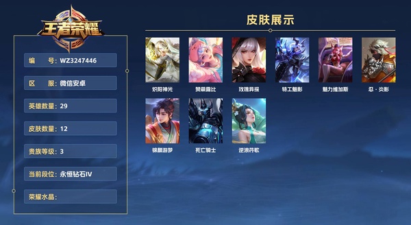 王者荣耀账号安卓VX【微信社交限制， 游戏正常可以玩】微信安卓 29英雄 12皮肤 贵族等级3  炽阳神光 赞萌露比 玫瑰异探 特工魅影 魅力维加斯 忍·炎影 锦麟游梦 死亡骑士 逆浪荇歌