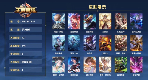 王者荣耀账号安卓QQ手Q安卓 127英雄 346皮肤 贵族等级8 已兑换荣耀水晶数4  鸣剑·曳影 拾光映像 全息碎影 武则天 久胜战神 超时空战士 启明星使 海洋之心 白虎志 地狱火 零号·赤焰 黄金射手座 愿照...