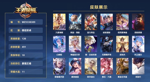 王者荣耀账号安卓VX微信安卓 126英雄 491皮肤 贵族等级10 已兑换荣耀水晶数11  【紫瑶 小国标鲁班大师】