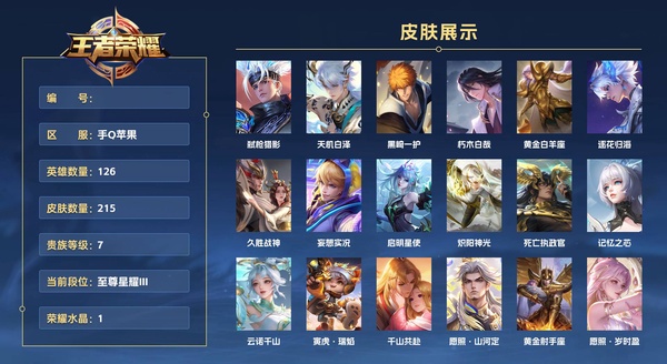 王者荣耀账号苹果QQ手Q苹果 126英雄 215皮肤 贵族等级7 已兑换荣耀水晶数1  弑枪猎影 天机白泽 黑崎一护 朽木白哉 黄金白羊座 逐花归海 久胜战神 妄想实况 启明星使 炽阳神光 死亡执政官 记忆之芯 云...