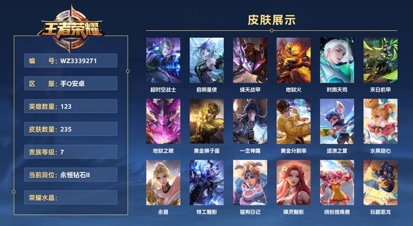 王者荣耀账号安卓QQ手Q安卓 123英雄 235皮肤 贵族等级7  超时空战士 启明星使 绛天战甲 地狱火 时雨天司 末日机甲 地狱之眼 黄金狮子座 一念神魔 黄金分割率 逐浪之夏 水果甜心 永昼 特工魅影 猫狗日...