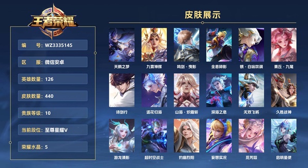 王者荣耀账号安卓VX微信安卓 126英雄 440皮肤 贵族等级10 已兑换荣耀水晶数5  【8省标 70按键 狐小妖小兵皮肤 8天幕】