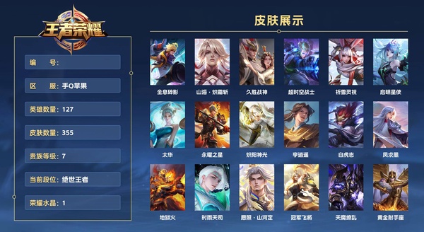 王者荣耀账号苹果QQ手Q苹果 127英雄 355皮肤 贵族等级7 已兑换荣耀水晶数1  全息碎影 山海·炽霜斩 久胜战神 超时空战士 祈雪灵祝 启明星使 太华 永曜之星 炽阳神光 李逍遥  白虎志 凤求凰 地狱火 ...