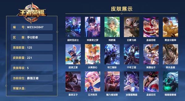 王者荣耀账号安卓QQ手Q安卓 125英雄 221皮肤 贵族等级5  超时空战士 仲夏夜之梦 鸣野蒿 云鹰飞将 圣诞恋歌 黄金分割率 逐浪之夏 水果甜心 特工魅影 千年之狐 紫霞仙子 荣光圣徽 星夜王子 江河有灵 魅...