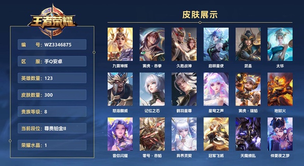 王者荣耀账号安卓QQ手Q安卓 123英雄 300皮肤 贵族等级8 已兑换荣耀水晶数1  九霄神辉 寅虎·赤拳 久胜战神 启明星使 武圣 太华 怒海麟威 记忆之芯 鹤羽星尊 星穹之声 寅虎·瑞焰 地狱火 音你闪耀 零...