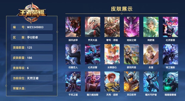 王者荣耀账号安卓QQ手Q安卓 125英雄 186皮肤 贵族等级6  绛天战甲 齐天大圣 零号·赤焰 地狱之眼 鸣野蒿 心灵骇客 优雅恋人 心灵战警 水果甜心 箭羽风息 永昼 特工魅影 千年之狐 魅力维加斯 天秀·启...