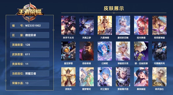 王者荣耀账号安卓VX微信安卓 128英雄 611皮肤 贵族等级11 已兑换荣耀水晶数13  杀手不太冷 天鹅之梦 九霄神辉 最初的交响 拾光映像 倪克斯神谕 星空梦想 赤影疾锋 幻阙歌 神鉴启示录 银·白咏叹调 无...