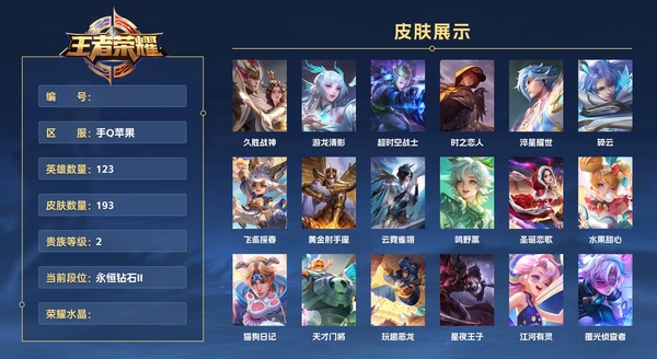 王者荣耀账号苹果QQ手Q苹果 123英雄 193皮肤 贵族等级2  久胜战神 游龙清影 超时空战士 时之恋人 淬星耀世 碎云 飞鸢探春 黄金射手座 云霓雀翎 鸣野蒿 圣诞恋歌 水果甜心 猫狗日记 天才门将 玩趣恶龙...