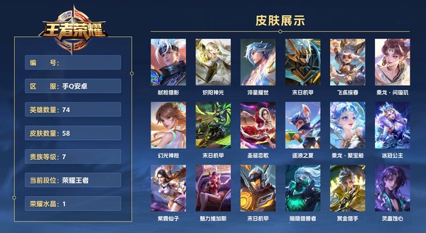 王者荣耀账号安卓QQ手Q安卓 74英雄 58皮肤 贵族等级7 已兑换荣耀水晶数1  弑枪猎影 炽阳神光 淬星耀世 末日机甲 飞鸢探春 乘龙·问璇玑 幻光神枪 末日机甲 圣诞恋歌 逐浪之夏 乘龙·聚宝船 冰冠公主 紫...