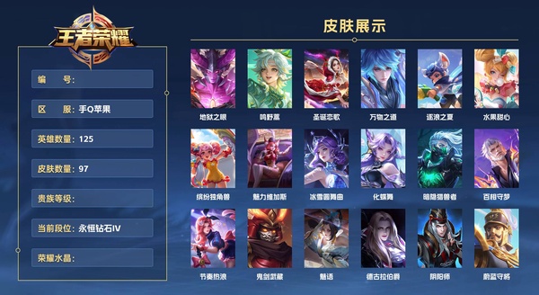 王者荣耀账号苹果QQ手Q苹果 125英雄 97皮肤  地狱之眼 鸣野蒿 圣诞恋歌 万物之道 逐浪之夏 水果甜心 缤纷独角兽 魅力维加斯 冰雪圆舞曲 化蝶舞 暗隐猎兽者 百相守梦 节奏热浪 鬼剑武藏 魅语 德古拉伯爵...