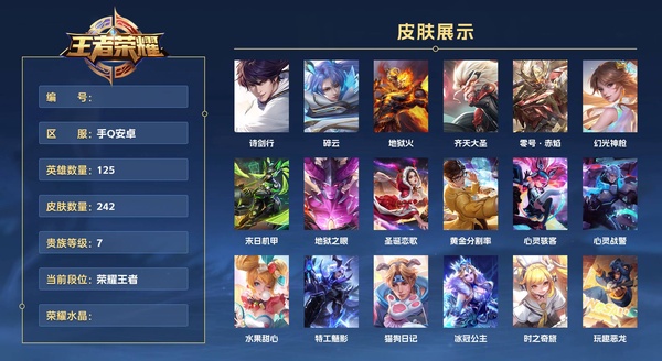 王者荣耀账号安卓QQ手Q安卓 125英雄 242皮肤 贵族等级7  诗剑行 碎云 地狱火 齐天大圣 零号·赤焰 幻光神枪 末日机甲 地狱之眼 圣诞恋歌 黄金分割率 心灵骇客 心灵战警 水果甜心 特工魅影 猫狗日记 ...