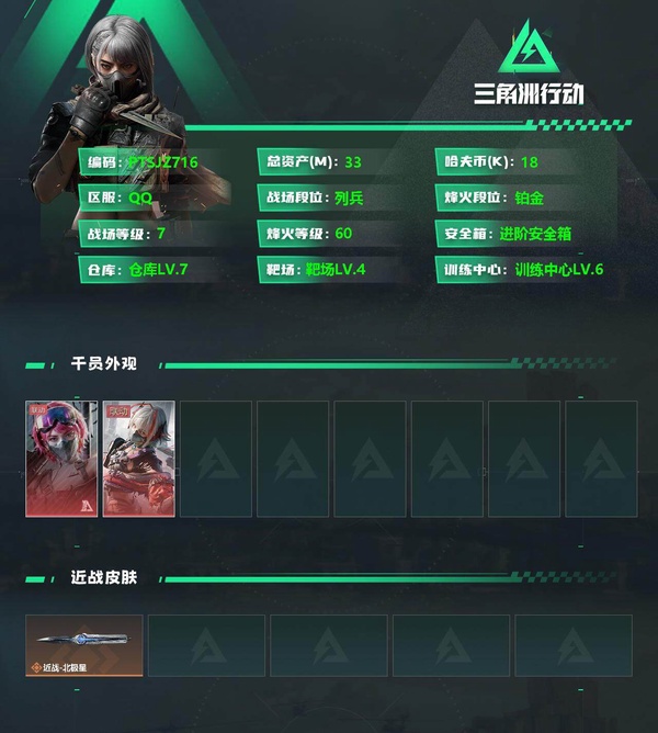 三角洲行动账号QQ资产：33M 骇爪-戴什维尔 蛊-能天使 近战-北极星 特勤：7级仓库4级靶场6级训练中心