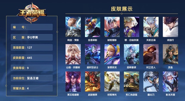 王者荣耀账号苹果QQ手Q苹果 127英雄 445皮肤 贵族等级9 已兑换荣耀水晶数4  鸣剑·曳影 全息碎影 弑枪猎影 银·白咏叹调 天机白泽 诗剑行 山海·炽霜斩 超时空战士 妄想实况 启明星使 时之恋人 武圣 ...