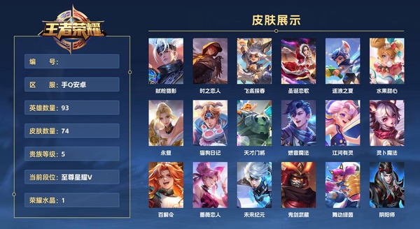 王者荣耀账号安卓QQ手Q安卓 93英雄 74皮肤 贵族等级5 已兑换荣耀水晶数1  弑枪猎影 时之恋人 飞鸢探春 圣诞恋歌 逐浪之夏 水果甜心 永昼 猫狗日记 天才门将 燃音魔法 江河有灵 灵卜魔法 百解令 蔷薇恋...