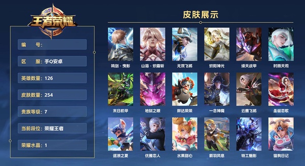 王者荣耀账号安卓QQ手Q安卓 126英雄 254皮肤 贵族等级7 已兑换荣耀水晶数1  鸣剑·曳影 山海·炽霜斩 无双飞将 炽阳神光 绛天战甲 时雨天司 末日机甲 地狱之眼 胖达荣荣 一念神魔 云鹰飞将 圣诞恋歌 ...