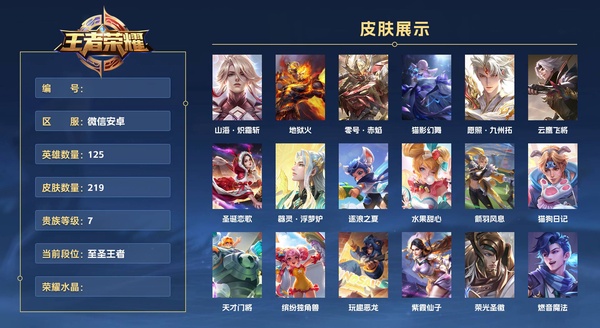 王者荣耀账号安卓VX微信安卓 125英雄 219皮肤 贵族等级7  山海·炽霜斩 地狱火 零号·赤焰 猫影幻舞 愿照·九州拓 云鹰飞将 圣诞恋歌 器灵·浮梦炉 逐浪之夏 水果甜心 箭羽风息 猫狗日记 天才门将 缤纷...