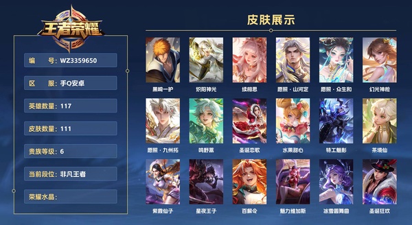 王者荣耀账号安卓QQ手Q安卓 117英雄 111皮肤 贵族等级6  黑崎一护 炽阳神光 续相思 愿照·山河定 愿照·众生和 幻光神枪 愿照·九州拓 鸣野蒿 圣诞恋歌 水果甜心 特工魅影 茶境仙 紫霞仙子 星夜王子 ...