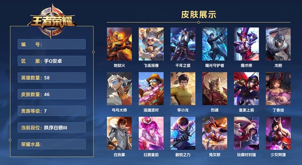 王者荣耀账号安卓QQ手Q安卓 58英雄 46皮肤 贵族等级7  地狱火 飞鸢探春 千年之狐 曙光守护者 魔术师 龙胆 乓乓大师 海滩派对 李小龙 烈魂 皇家上将 丁香结 白执事 红桃皇后 敏锐之力 兔女郎 玩偶对对...