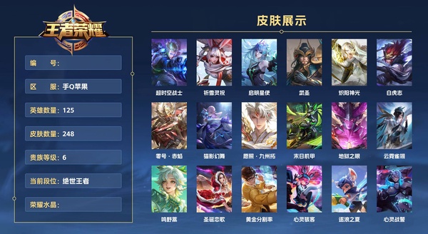 王者荣耀账号苹果QQ手Q苹果 125英雄 248皮肤 贵族等级6  超时空战士 祈雪灵祝 启明星使 武圣 炽阳神光 白虎志 零号·赤焰 猫影幻舞 愿照·九州拓 末日机甲 地狱之眼 云霓雀翎 鸣野蒿 圣诞恋歌 黄金分...