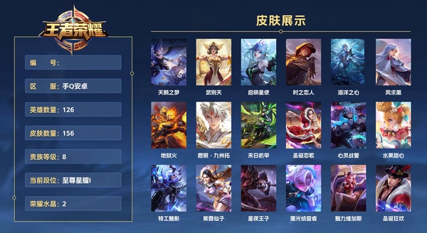 王者荣耀账号安卓QQ手Q安卓 126英雄 156皮肤 贵族等级8 已兑换荣耀水晶数2  天鹅之梦 武则天 启明星使 时之恋人 海洋之心 凤求凰 地狱火 愿照·九州拓 末日机甲 圣诞恋歌 心灵战警 水果甜心 特工魅影...