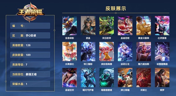 王者荣耀账号安卓QQ手Q安卓 126英雄 189皮肤 贵族等级7 已兑换荣耀水晶数1  全息碎影 武圣 末日机甲 圣诞恋歌 黄金分割率 心灵骇客 水果甜心 特工魅影 缤纷独角兽 冰冠公主 魅力维加斯 冰雪圆舞曲 圣...
